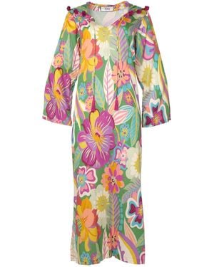 Tiger and the Monkey The Marie-Claude Floral Cotton & Upcycled Silk Kaftan Dress - Blue