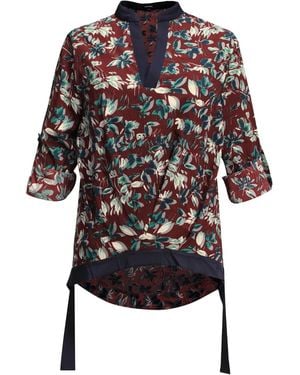 Smart and Joy Leaves Print V-Neck Blouse - Black