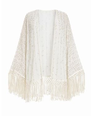 Rose & Nancy Fi Statement Hand Embellished Fringe Trim Kimono - White