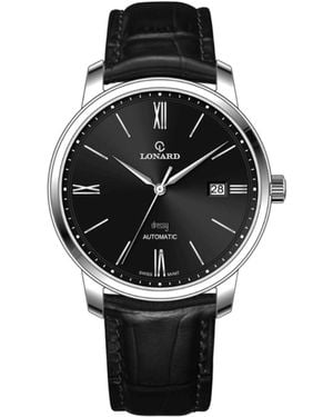 Lonard Watches Dressy Ebony Sellita Sw Automatic Movement Swiss Exposed Case Back - Black