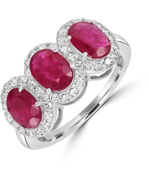 Artisan Three-Stone Ruby & Diamond Halo Band Ring - Pink