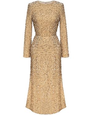 POST MERIDIEM Sequin Decorated Velvet Long Sleeve Midi Dress - Natural