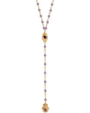Karma and Luck Amethyst Evil Eye Hamsa Lariat Necklace – Protection & Peace Jewellery – Peace Of Spirit - Metallic