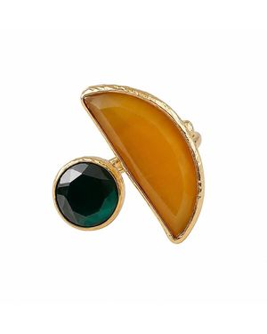 By Ozge Golden Balance Honey Chalcedony & Onyx Plated Adjustable Ring - Yellow