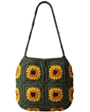 Ana Chic Sunflower Granny Square Handmade Crochet Shoulder Bag - Black