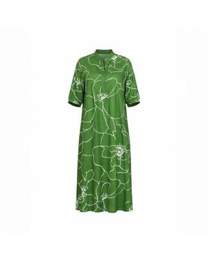 Haris Cotton Printed Satin Curve Dress With Mandarin Neck Peonies - Green