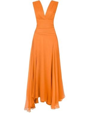 ALINA CERNĂTESCU Amber Silk Dress Drapery On The Bust And Skirt V Neckline - Orange