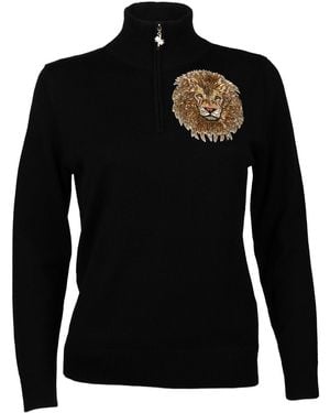 Laines London Laines Couture Quarter Zip Jumper With Embellished Lion Head - Black