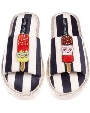 Laines London Flatform Stripe Open Toe Slippers With Cute Ice Lolly Brooches - Red