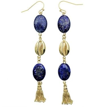 Farra Oval Lapis With Shell Charm Elongated Earrings - Blue