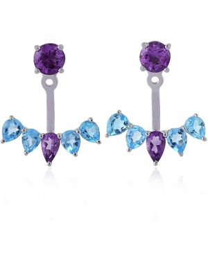 Artisan Blue Topaz Amethyst Designer Ear Jackets 14k White Gold Handmade Jewellery - Purple