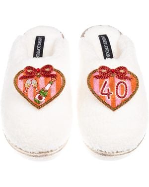 Laines London Neutrals Teddy Closed Toe Slippers With 40Th Stripe Heart Birthday Brooches - Red