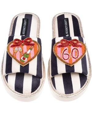 Laines London Flatform Stripe Open Toe Slippers With Stripe Heart 60Th Birthday Brooches - Red