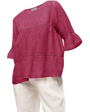 Haris Cotton Guipure Lace Insert Flounce Sleeve Ruffle Hem Blouse Berry - Pink