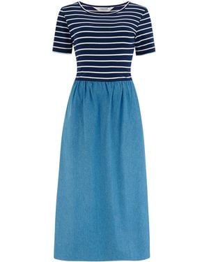 Sugarhill Rhian Jersey & Woven Mix Midi Dress, Off, Stripe & Denim - Blue