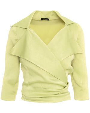AVENUE No.29 Satin Viscose Lapel Wrap Blouse With Bow - Yellow