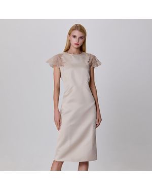 Smart and Joy Satin Shoulder Lace Inlay Dress - White