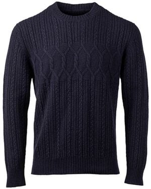 Kinalba Midnight Mid-Weight Fancy Cable Cashmere Crew Neck Sweater - Blue
