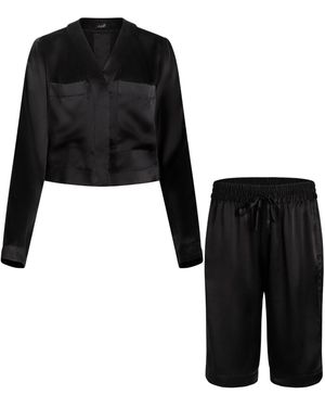 Je Mérite (I Deserve) Silk Cropped Sleep Shirt & Tuxedo Short Set - Black