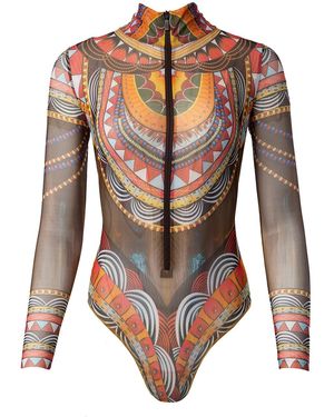 Rodasoleil Smart Swimwear Tan-Through Mesh One-Piece Zipper Swimsuit With Sleeves Africa - Brown