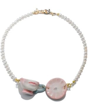 H2 Studio The Cup Theatre Mini Porcelain Cup & Plate Freshwater Pearl Necklace - Metallic