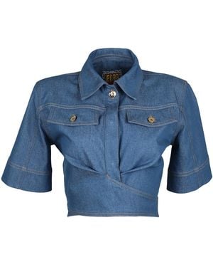 Lalipop Design Fitted Cropped Denim Shirt - Blue