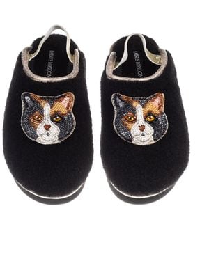 Laines London Flatform Cloud Slippers With Double Calico British Shorthair Cat Brooches - Black