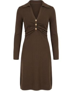 Yumi' Knitted Ruched Collar Dress - Brown