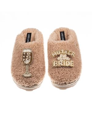 Laines London Neutrals Teddy Closed Toe Slippers With Mother Of The Bride Brooches - Natural