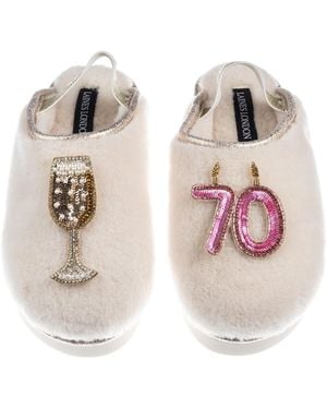 Laines London Neutrals Flatform Cloud Closed Toe Slippers With 70Th Birthday & Champagne Glass Brooches - Multicolour
