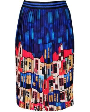 Lalipop Design Multi-colour Pleated Midi Skirt With House Pattern - Blue