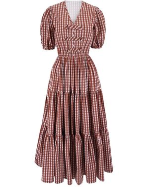 Echo of Pink Charlotte Gingham Hand Block Print Cotton Midi Dress - Red