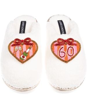 Laines London Neutrals Teddy Closed Toe Slippers With 60Th Stripe Heart Birthday Brooches - Red