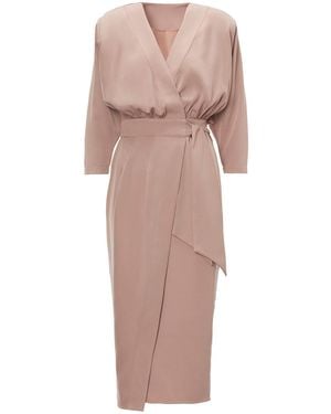 BLUZAT Neutrals Midi Dress With Draping Detailing And Waist Belt - Pink