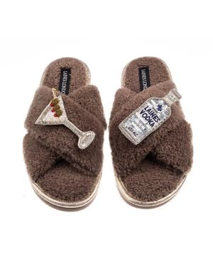 Laines London Neutrals Laines Neutral Boucle Slippers With Vodka Martini Brooches - Brown