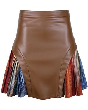 Lalipop Design Mini Skirt With Pleated Digital Print Inserts And Vegan Leather Panels - Brown