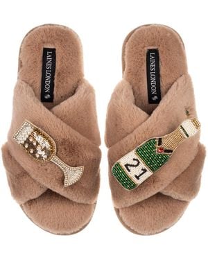 Laines London Neutrals Classic Laines Slippers With Champagne & Glass 21St Birthday Brooches - Brown