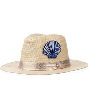 Laines London Neutrals Straw Woven Hat With Embellished Mediterranean Shell Brooch - Blue