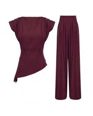 BLUZAT Elegant Burgundy Fluid Viscose Crepe Set With Structured Shoulder Top And Palazzo Pants - Purple