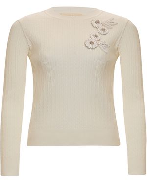 Exquise Neutrals Crew Neck Floral Embroidered Knit Jumper - White
