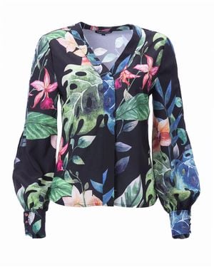 Carloslines V-Neck Bar Tack Long Sleeve Blouse - Blue