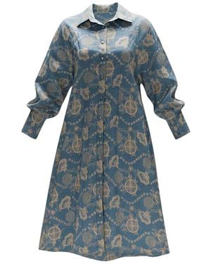 IZABELA MANDOIU Embroidered Shirt Dress With Adjustable Back Tie – - Blue