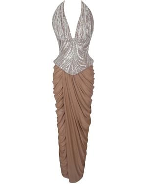 Miss Circle New York Neutrals Nancie Apricot Beaded Halter Peplum Ruched Maxi Dress - Brown