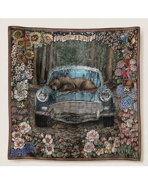 Wenzi Neutrals Heavyweight Double-Sided Mulberry Silk Twill Scarf, Woodland Bear Design, Hand-Painted - Green