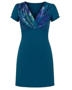 Conquista Print Detail Petrol Faux Wrap Dress - Blue