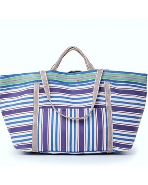 La Mandarine Beach Bag, Xl Size, Colourful Striped Weekender Bag, Tote, Shopper, Recycled Nylon - Blue
