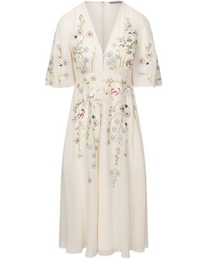 Hope & Ivy The Fleur Plunge Button Front Embroidered Dress With Flutter Sleeve - Natural