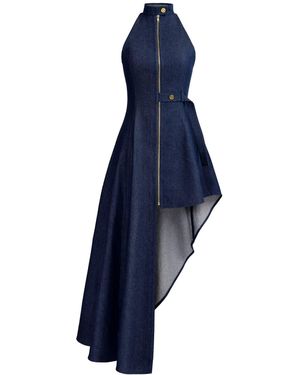 Kargede High-Neck Denim Maxi Dress – Sleeveless, Asymmetric Hem - Blue