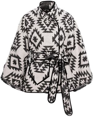 IZABELA MANDOIU Wrap-Front Cape With Geometric Pattern - Black