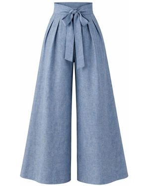 Nikka Place Wide Leg Baggy Linen Trousers With High Waist And Front Tie - Blue